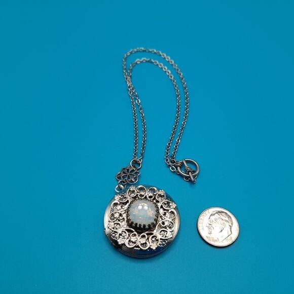 Faux Opal Locket Pendant Necklace, Small Toggle Clasp, 15 Inches - Picture 9 of 10